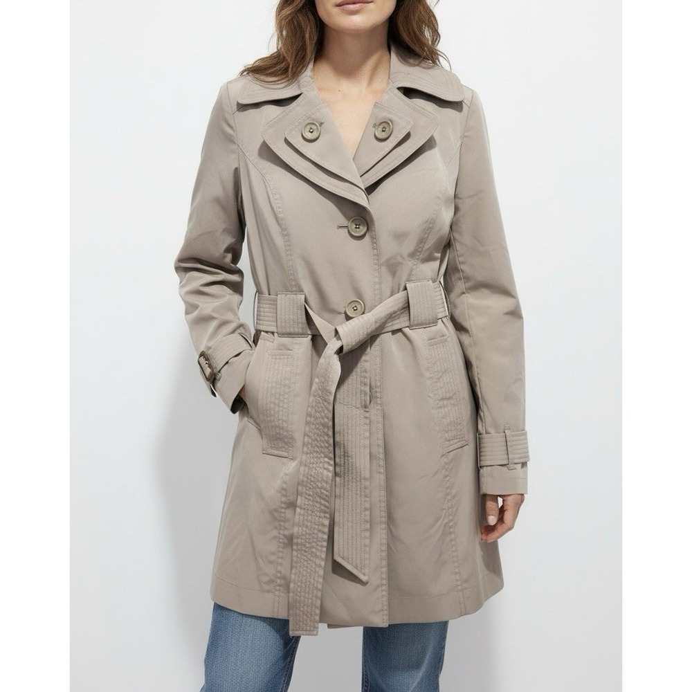 London Fog Stylish‎ Beige Women's Trench Coat Hooded Belted SZ Small Petite